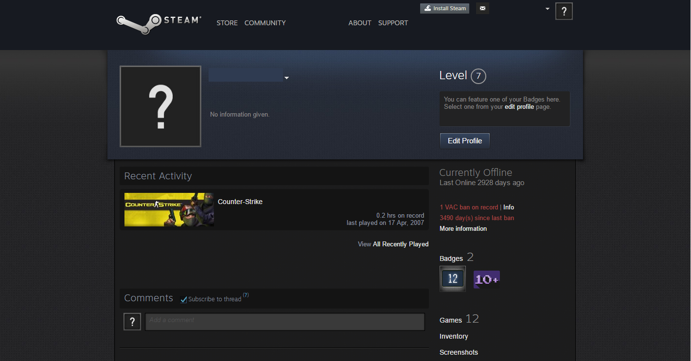 12 Years | 12 Games (CSS, HL2) | 7 digits | VAC