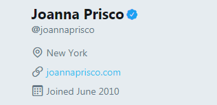 Verified Twitter Account @joannaprisco (1162 Followers)